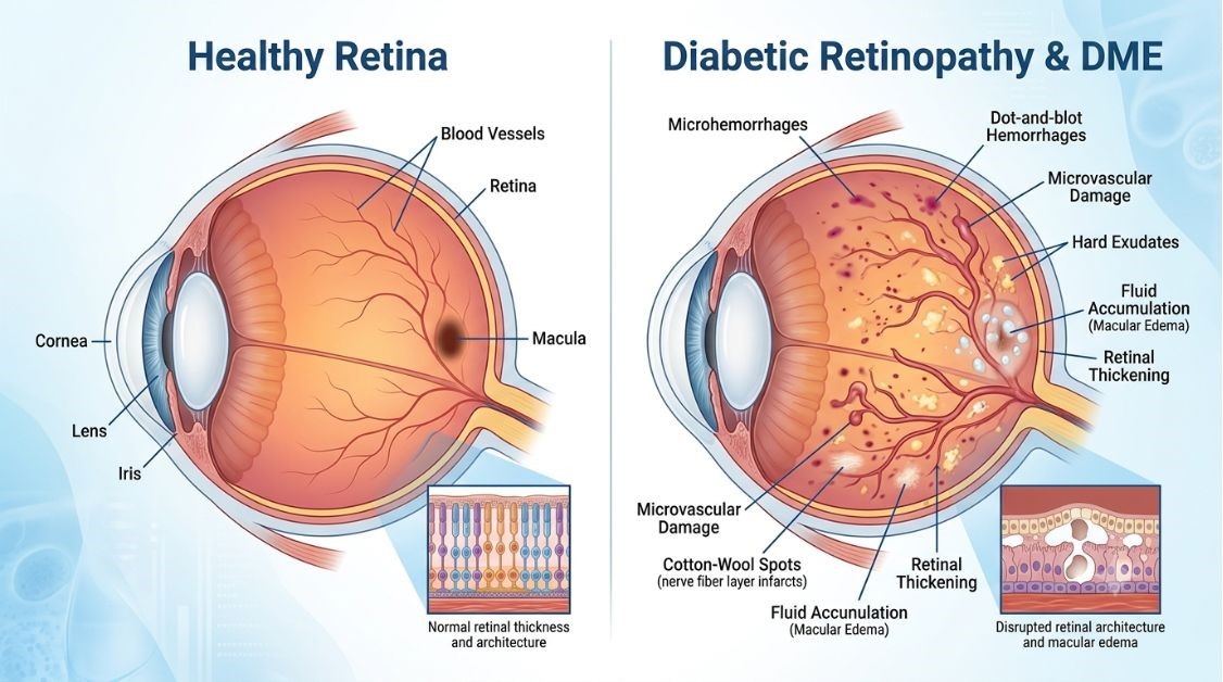 Healthy retina compared to diabetic retinopathy with fluid leakage